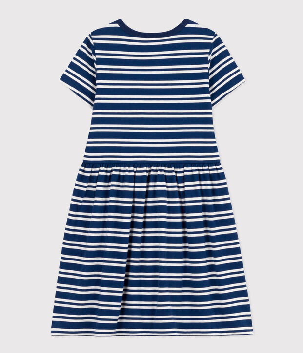 Vestido de manga corta de algod&oacute;n a rayas para ni&ntilde;a azul/blanco
