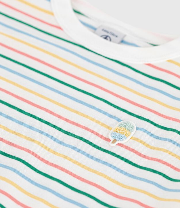 Camiseta infantil de manga corta de algod&oacute;n a rayas blanco/multicolor