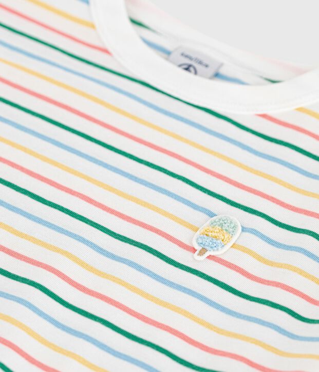 Camiseta infantil de manga corta de algod&oacute;n a rayas blanco/multicolor