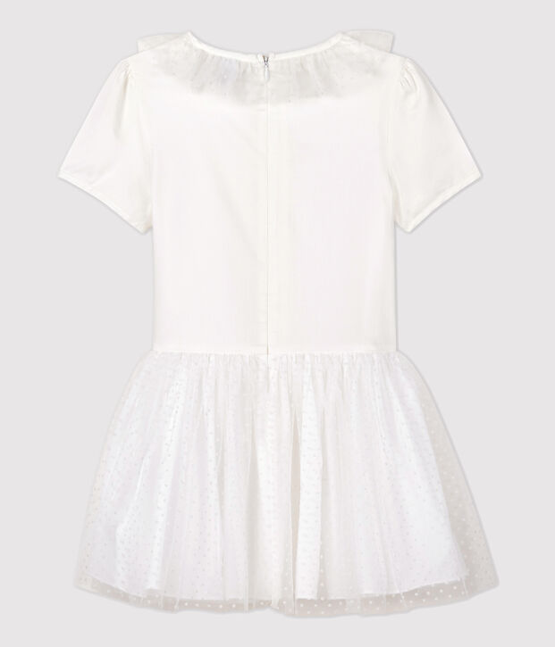 Vestido de celebraci&oacute;n de sat&eacute;n y tul de ni&ntilde;a blanco