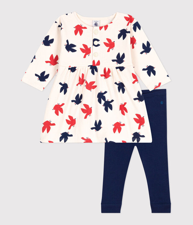 Vestido de algod&oacute;n de manga larga y leggings con estampado de p&aacute;jaros para beb&eacute; crudo/multicolor