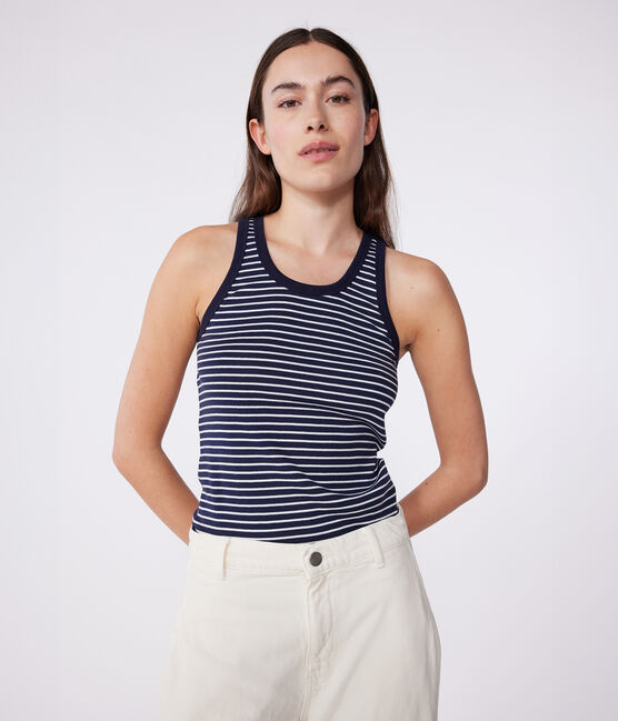 Camiseta de tirantes La Icónica de algodón a rayas para mujer azul SMOKING/blanco MARSHMALLOW