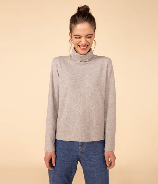 Camiseta de algod&oacute;n con cuello vuelto para mujer gris