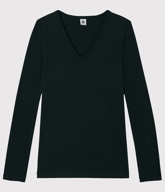 Camiseta de cuello de pico emblemática de algodón de mujer negro NOIR