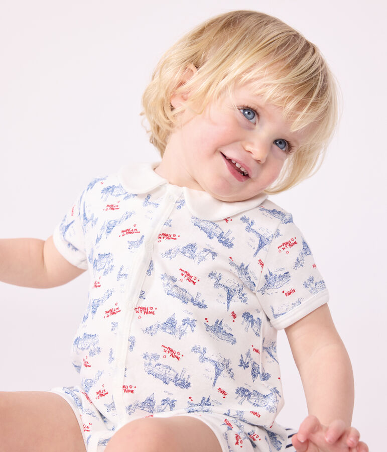 Mono corto de algod&oacute;n con cuello y estampado de Par&iacute;s para beb&eacute; blanco/multicolor
