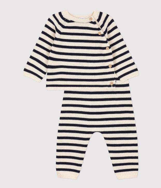 Conjunto de punto de lana y algod&oacute;n a rayas marineras para beb&eacute; crudo/azul