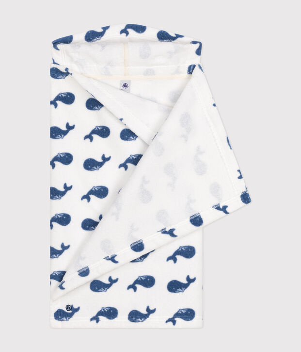 Capa de ba&ntilde;o de rizo con estampado de ballena para beb&eacute; blanco/azul