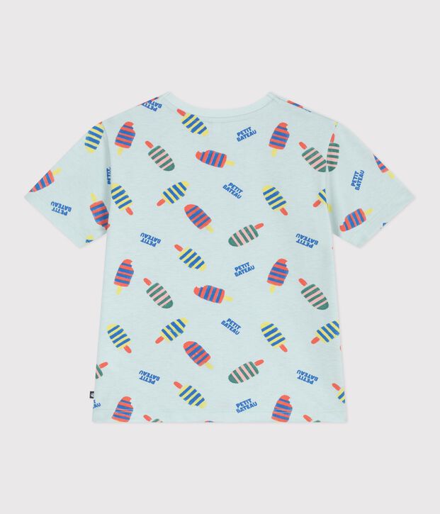 Camiseta infantil de manga corta de algod&oacute;n con estampado azul/multicolor