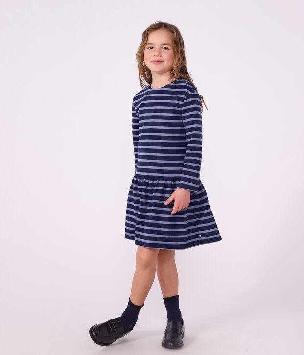Vestido infantil de algod&oacute;n de manga larga a rayas azul/violeta
