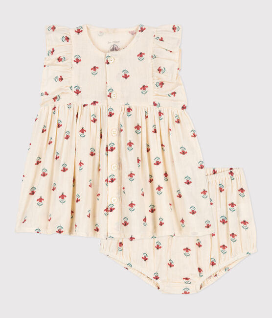 Vestido y bloomer estampados de gasa de algodón para bebé blanco AVALANCHE/ MULTICO