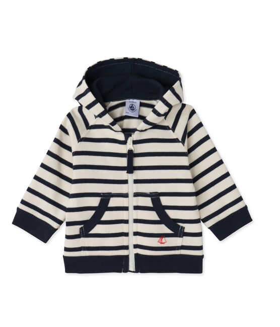 Sweat zippé bébé garçon en jersey lourd rayé beige COQUILLE/azul SMOKING