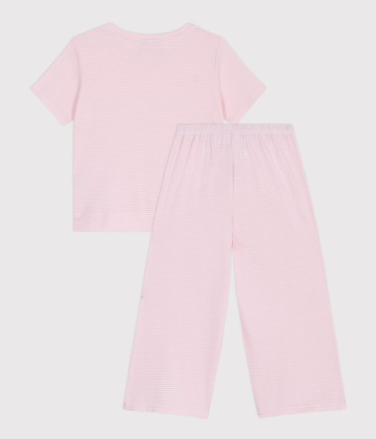 Pijama infantil de manga corta y pernera ancha de algod&oacute;n a rayas rosa/blanco