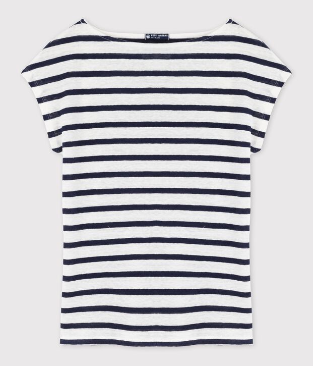 Camiseta de lino rayado para mujer blanco/azul