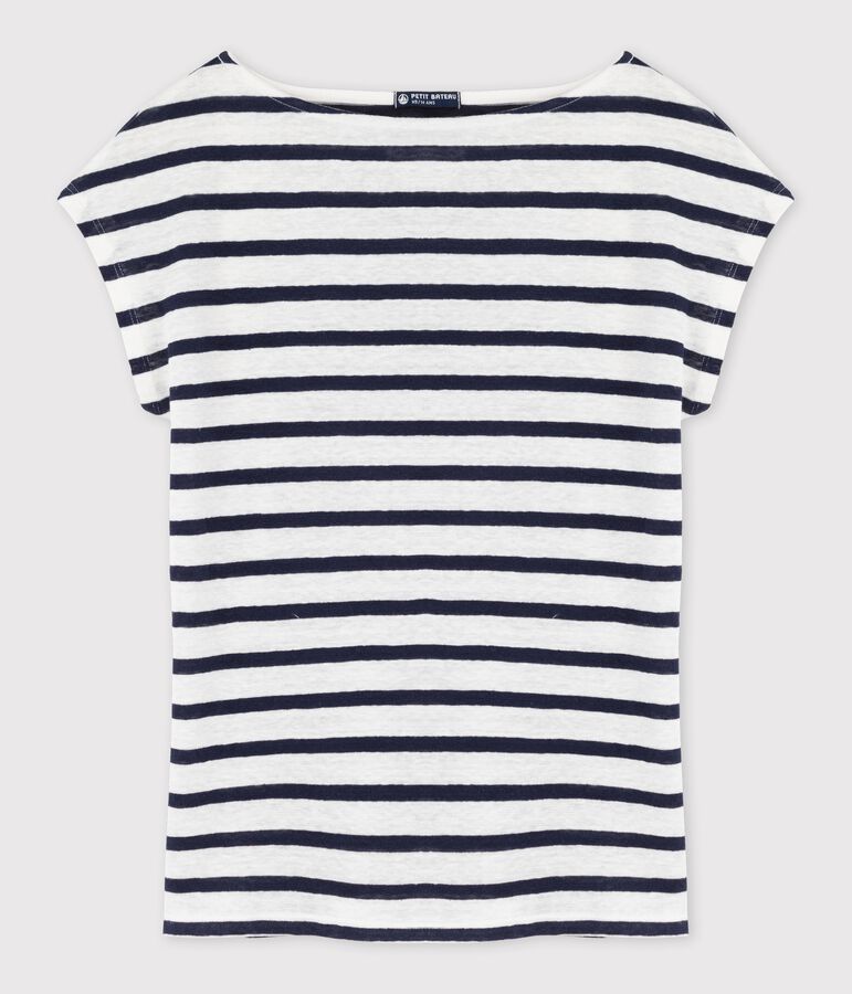 Camiseta de lino rayado para mujer blanco/azul