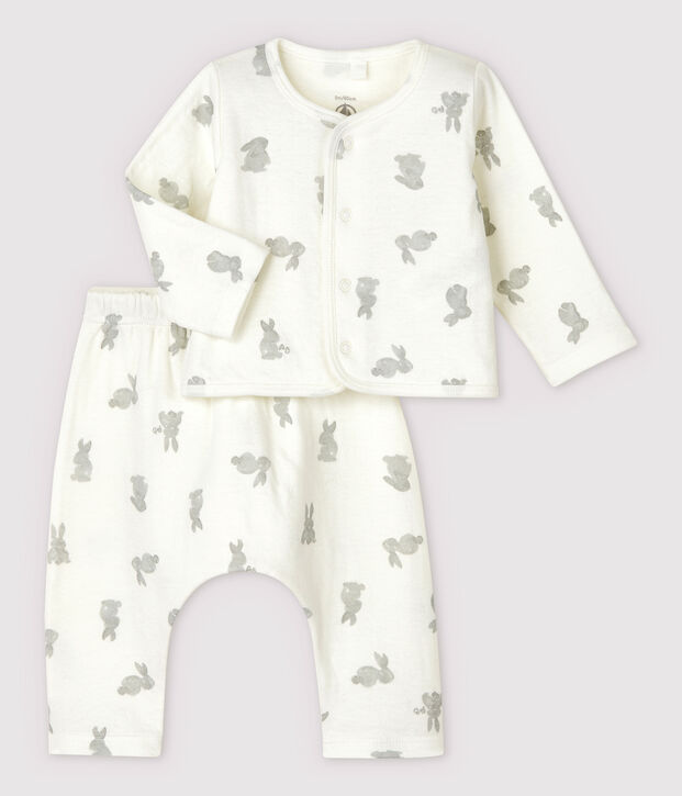 Conjunto de 2 prendas blancas de conejitos de tejido tubular de algod&oacute;n ecol&oacute;gico de beb&eacute; blanco/gris