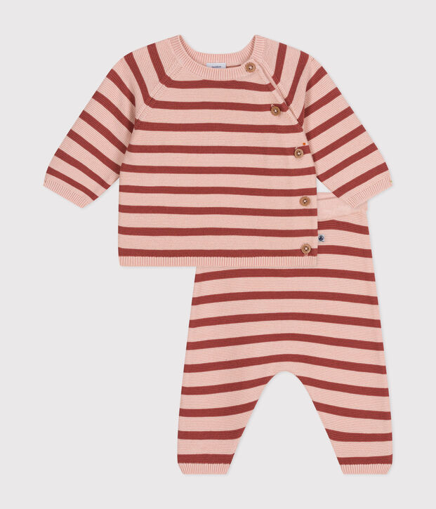 Conjunto de 2 piezas de beb&eacute; de punto tricotado de algod&oacute;n rosa/marron