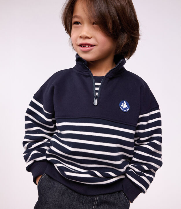 Sudadera infantil de algod&oacute;n a rayas con cremallera en el cuello azul/blanco