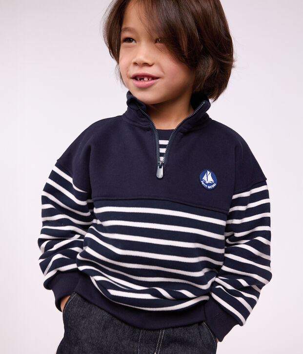 Sudadera infantil de algod&oacute;n a rayas con cremallera en el cuello azul/blanco