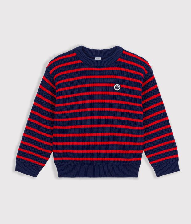 Jersey infantil de lana y algod&oacute;n a rayas azul/rojo