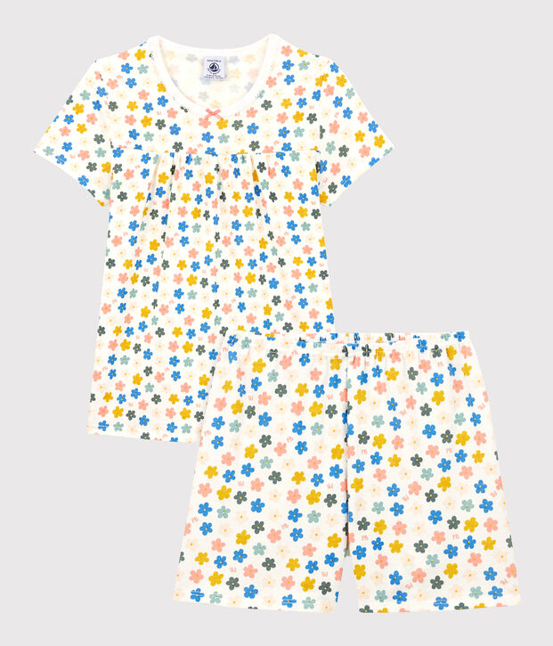 Pijama corto con flores fosforescentes de algod&oacute;n de ni&ntilde;a blanco/multicolor