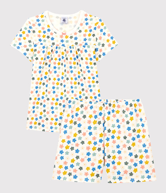 Pijama corto con flores fosforescentes de algodón de niña blanco MARSHMALLOW/blanco MULTICO
