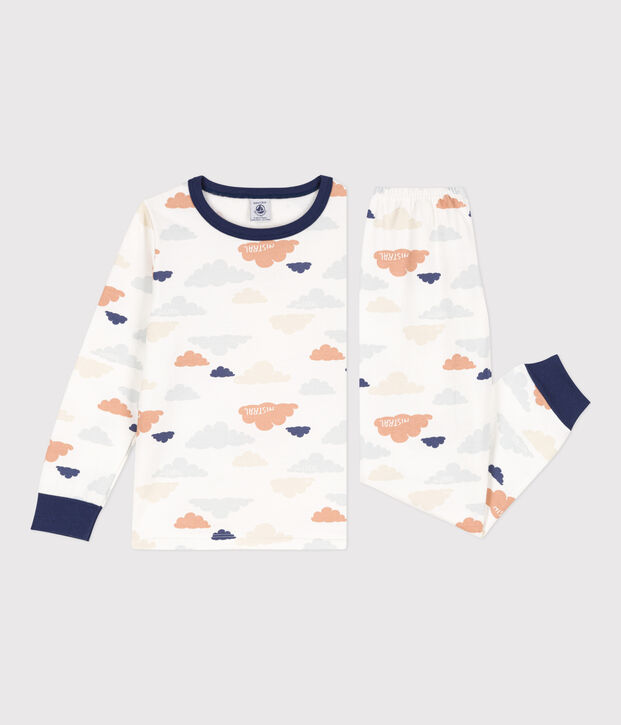 Pijama de felpa de algod&oacute;n con nubes para ni&ntilde;o/ni&ntilde;a blanco/multicolor