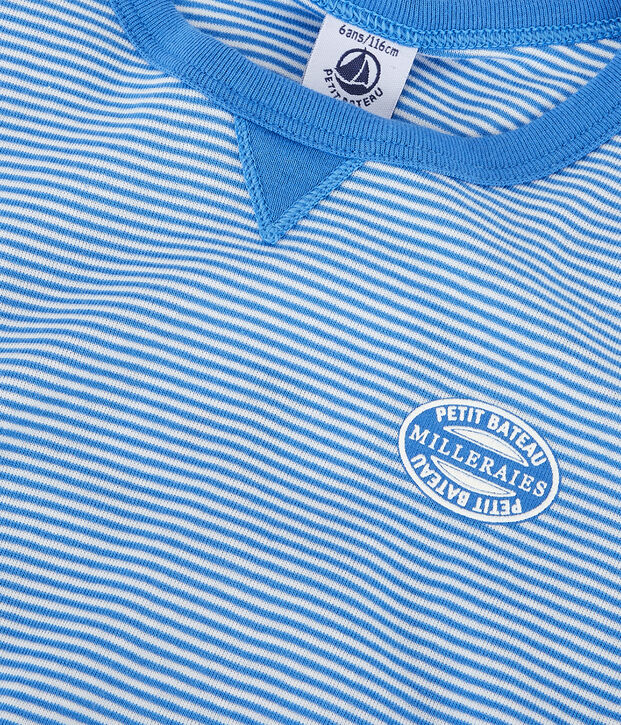 Pijama corto a rayas de ni&ntilde;o de algod&oacute;n azul/blanco