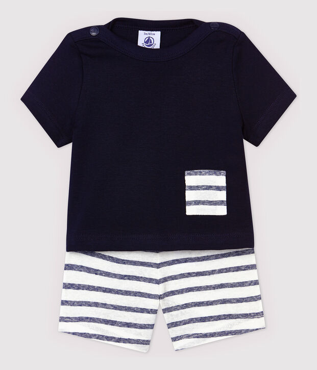 Conjunto de camiseta/pantal&oacute;n corto de algod&oacute;n de lino de beb&eacute; ni&ntilde;o azul/blanco