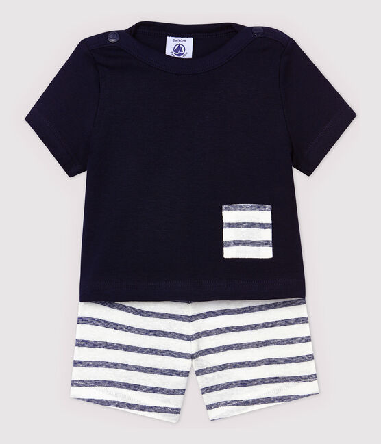 Conjunto de camiseta/pantalón corto de algodón de lino de bebé niño azul SMOKING/blanco MARSHMALLOW