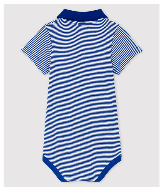 Body de cuello polo de algodón y manga corta de bebé niño azul SURF/blanco MARSHMALLOW