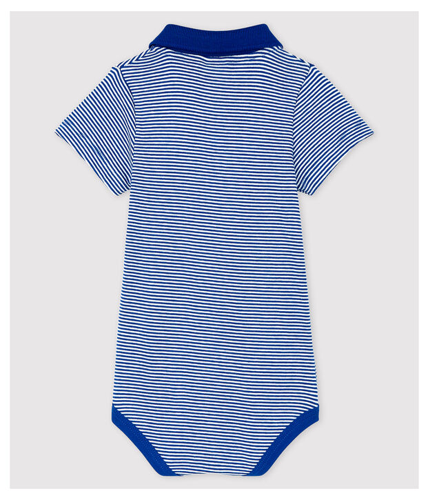 Body de cuello polo de algod&oacute;n y manga corta de beb&eacute; ni&ntilde;o azul/blanco