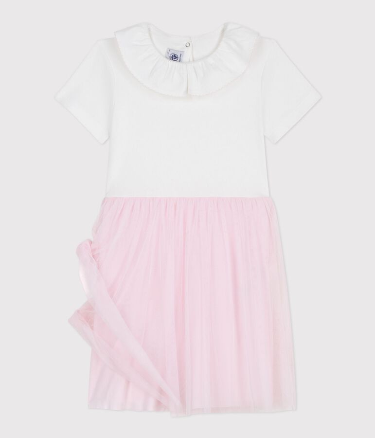 Vestido infantil de algod&oacute;n y tul de manga corta con estampado de corazones rosa/rosa