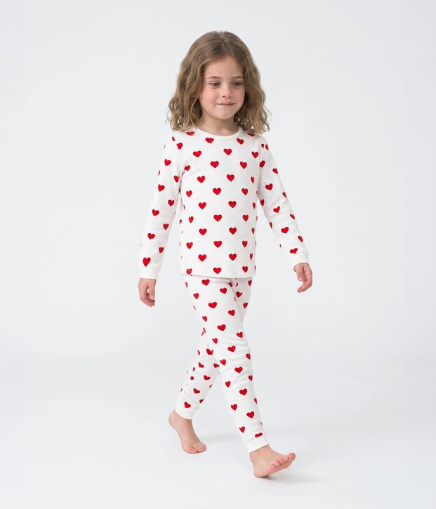 Pijama de punto con estampado de corazones para ni&ntilde;a blanco/rojo