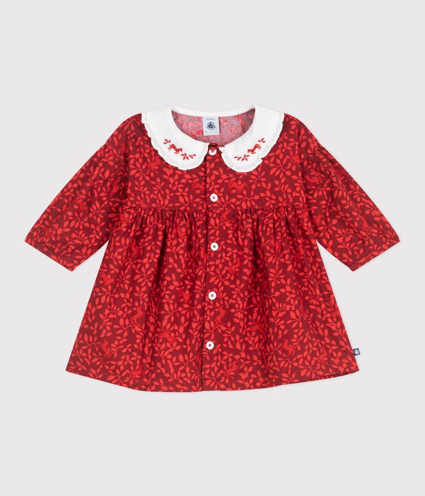 Vestido de algod&oacute;n estampado de manga larga con cuello bordado para beb&eacute; rojo/rojo