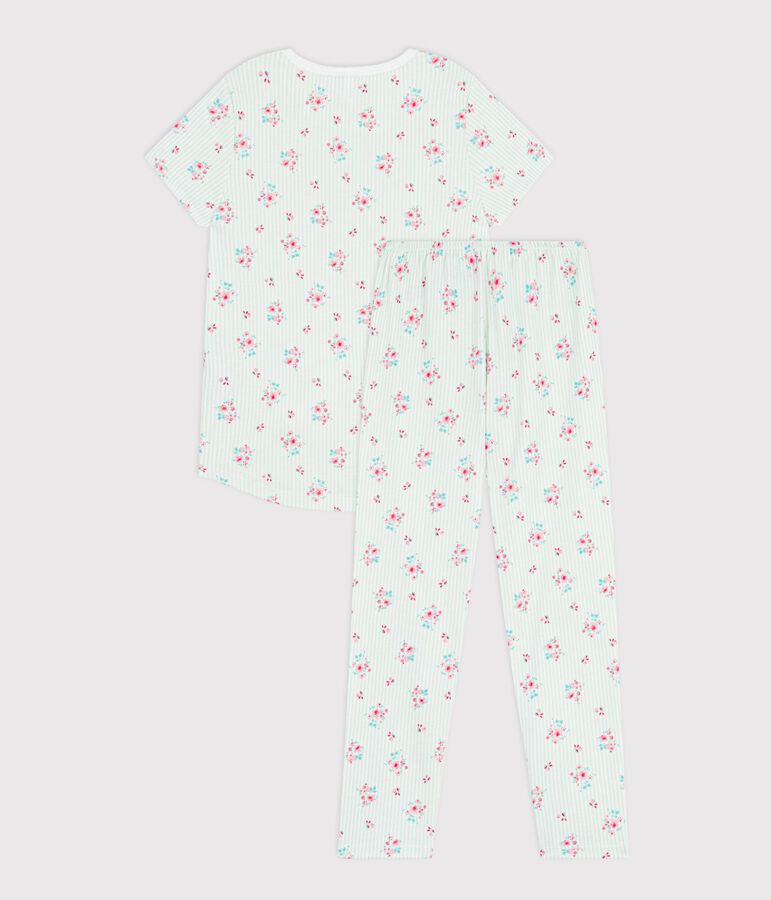 Pijama infantil de algod&oacute;n de manga corta y pierna larga con flores blanco/multicolor
