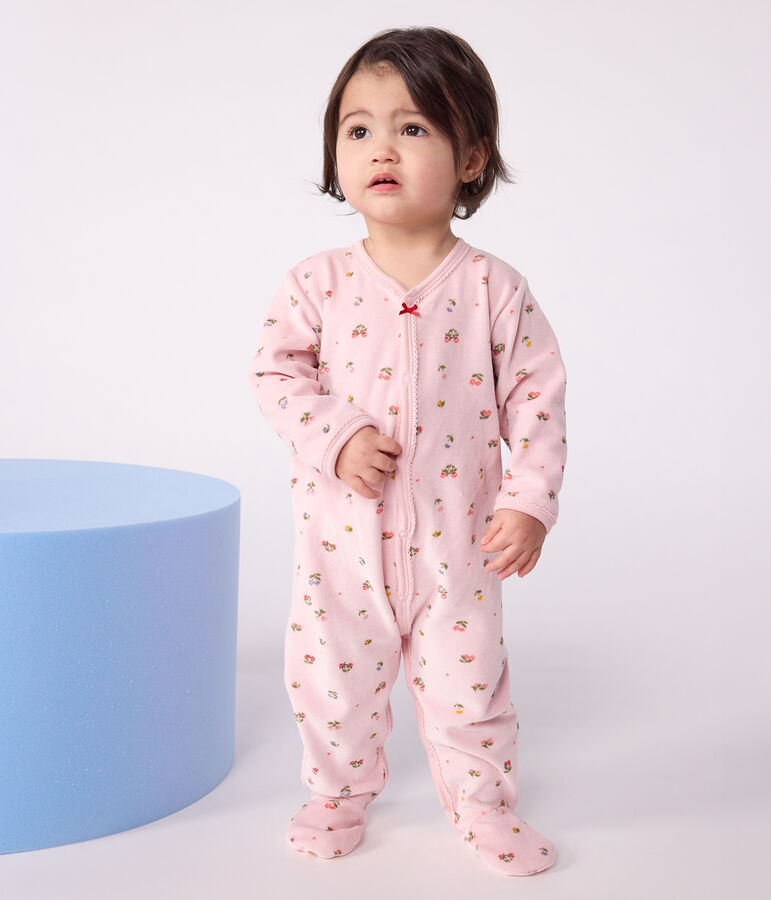 Pijama de terciopelo con estampado de flores para beb&eacute; rosa JOLI/blanco MULTICO