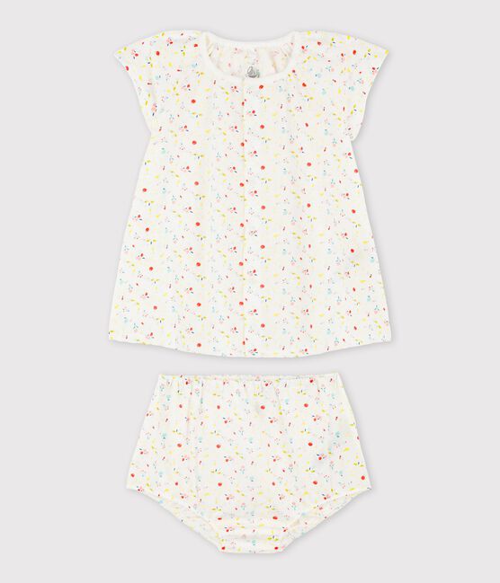Vestido de manga corta de frutas con braguitas bloomer de tejido tubular de urdimbre y trama de algodón ecológico de bebé niña blanco MARSHMALLOW/blanco MULTICO