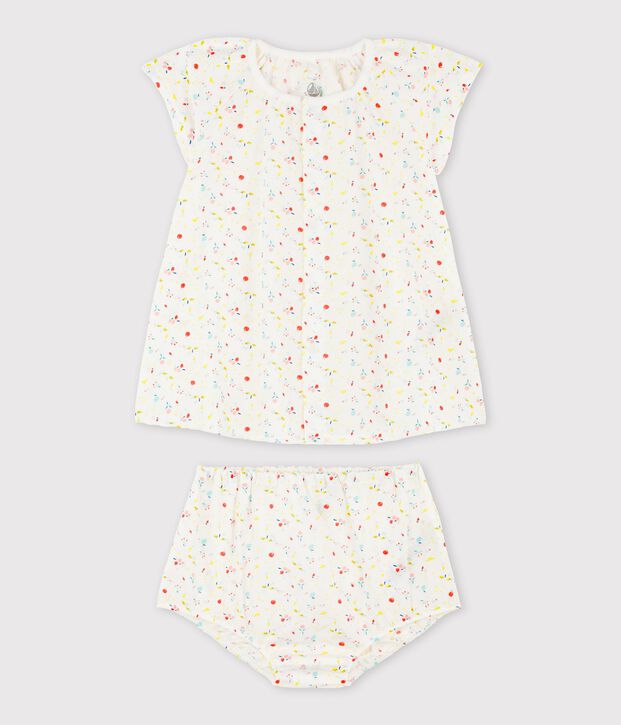 Vestido de manga corta de frutas con braguitas bloomer de tejido tubular de urdimbre y trama de algod&oacute;n ecol&oacute;gico de beb&eacute; ni&ntilde;a blanco/multicolor