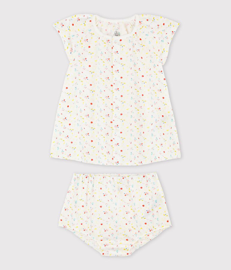 Vestido de manga corta de frutas con braguitas bloomer de tejido tubular de urdimbre y trama de algod&oacute;n ecol&oacute;gico de beb&eacute; ni&ntilde;a blanco/multicolor