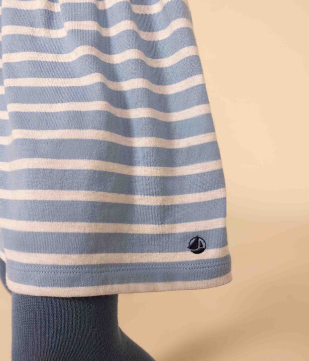 Vestido de manga larga de algod&oacute;n grueso a rayas de ni&ntilde;a azul/beige