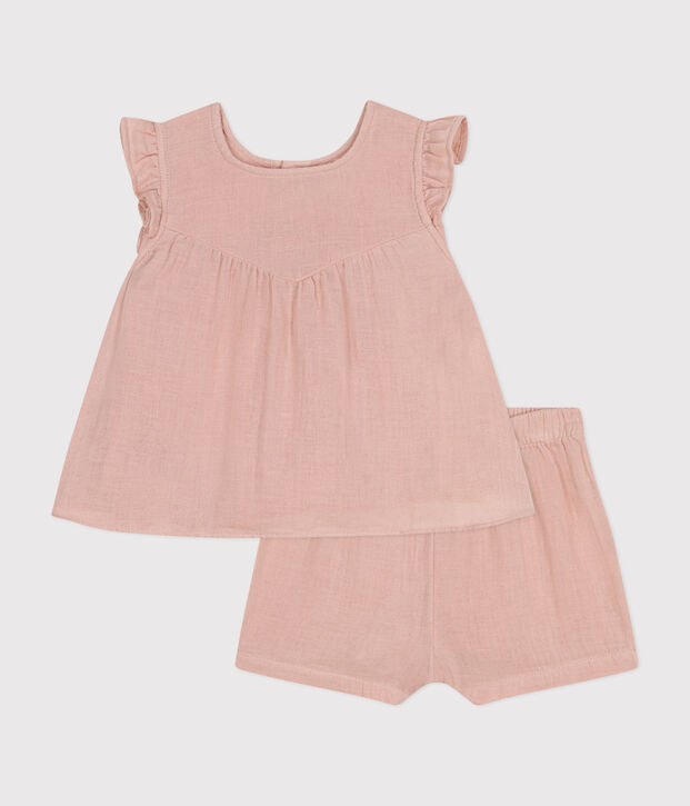 Conjunto de blusa y pantal&oacute;n corto de gasa de algod&oacute;n para beb&eacute; rosa