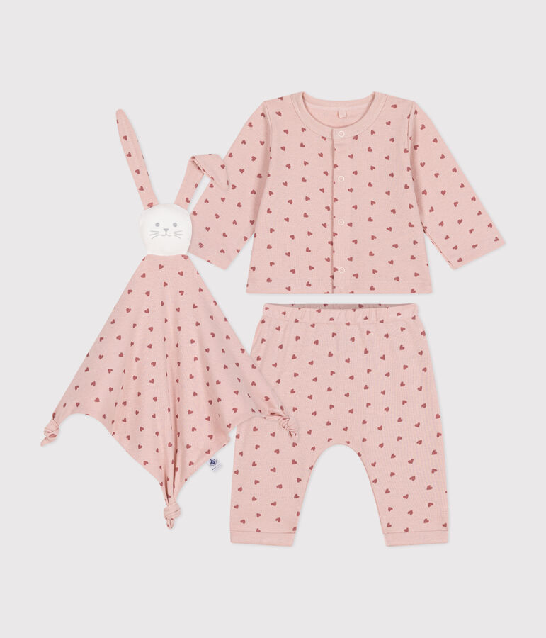 Estuche con conjunto de c&aacute;rdigan, pantal&oacute;n y doudou de algod&oacute;n para beb&eacute; rosa/rosa