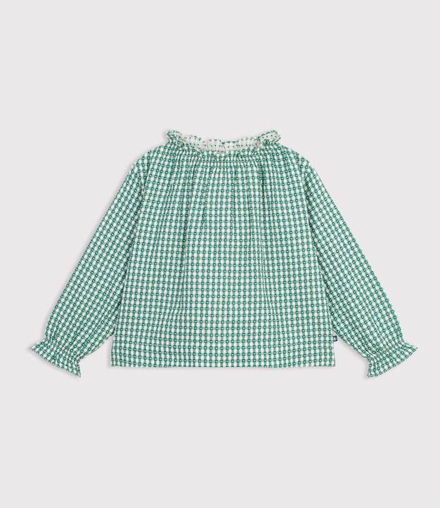 Blusa infantil de algod&oacute;n de manga larga con cuello y estampado verde/blanco