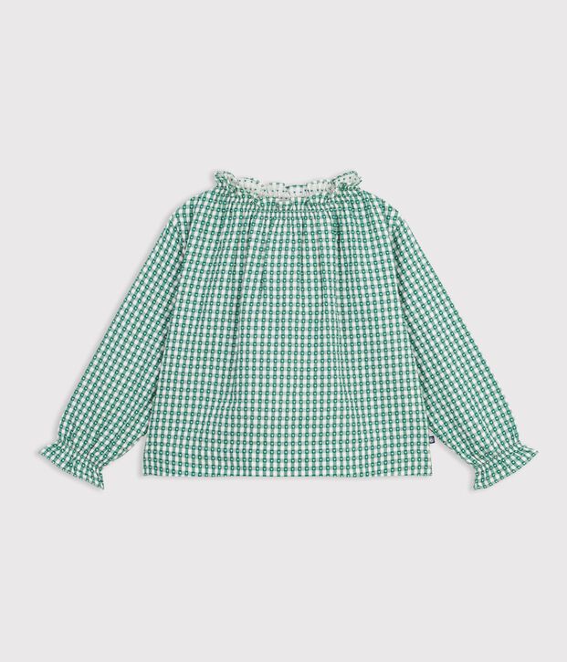 Blusa infantil de algod&oacute;n de manga larga con cuello y estampado verde/blanco