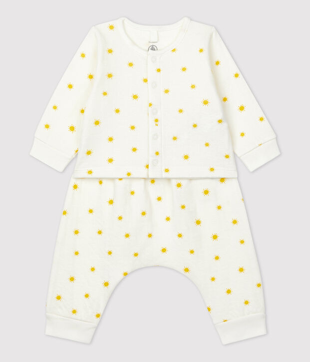 Conjunto de 2 piezas con estampado de sol de tejido t&uacute;bico ecol&oacute;gico de beb&eacute; blanco/amarillo