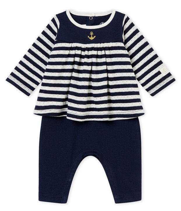 Pelele largo para beb&eacute; ni&ntilde;a azul/blanco