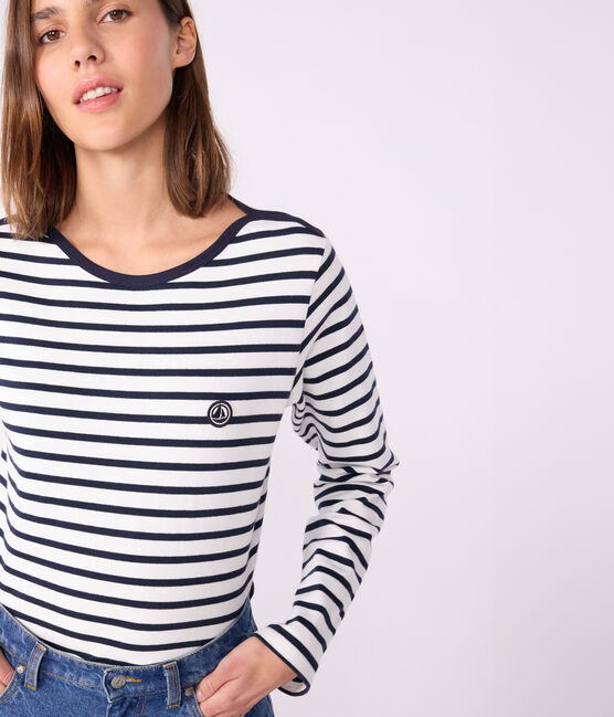 Marinera de algodón de manga larga para mujer blanco MARSHMALLOW/azul SMOKING