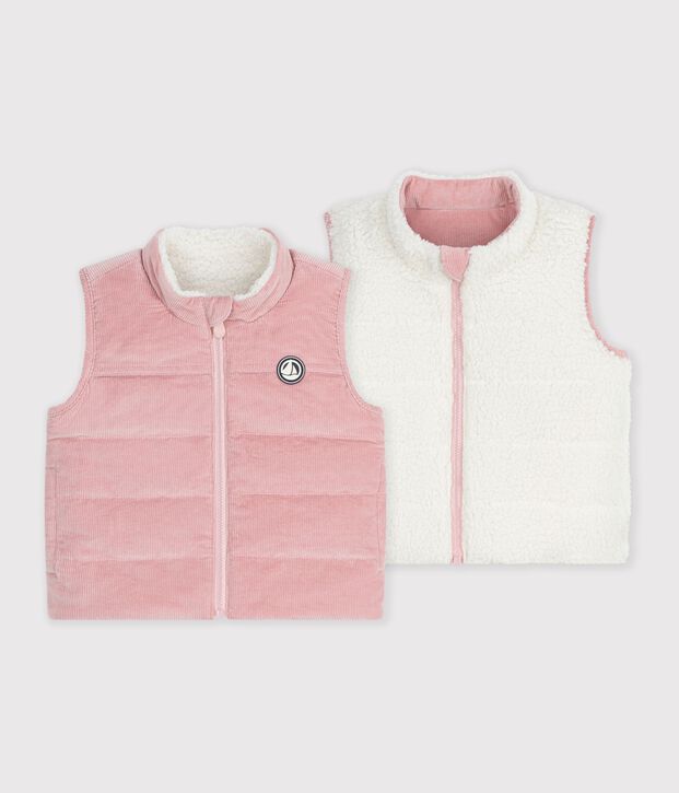 Plum&iacute;fero sin mangas de terciopelo y borreguito reversible para beb&eacute; rosa/crudo