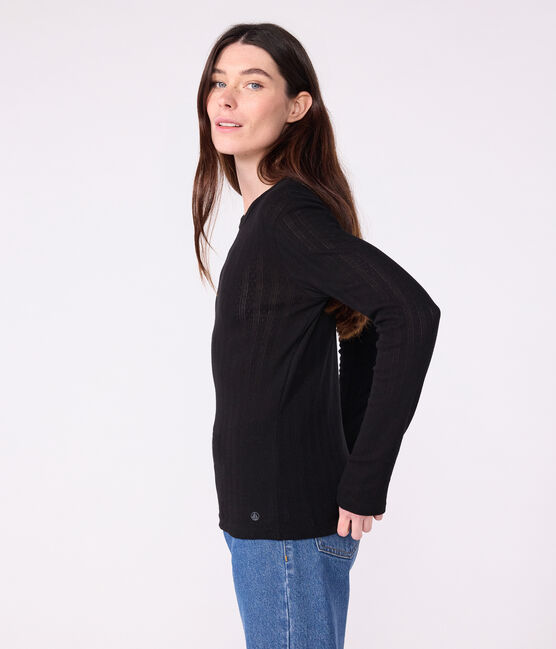 Camiseta Icónica de manga larga de algodón calado para mujer negro BLACK