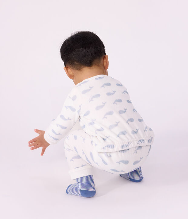 Pijama de terciopelo con estampado de ballena y abertura sin botones de presi&oacute;n para beb&eacute; blanco/azul